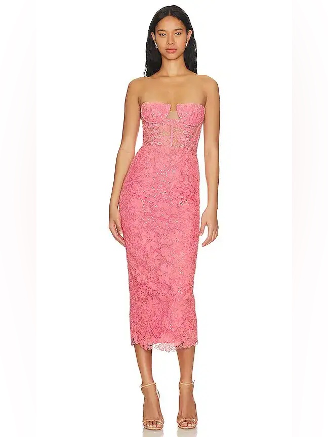 Revolve Sau Lee Strapless Pink Lace Midi Dress Nwt Us 4 Retail $495